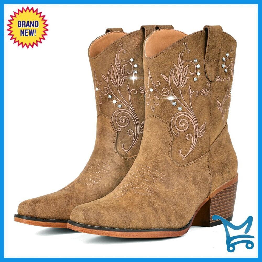 Women's Ankle Cowboy Boots Chunky Heel Embroidered Rhinestone Snip Toe Western